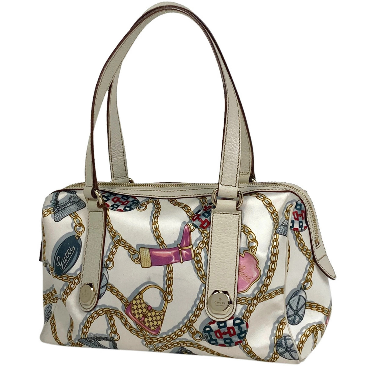 Gucci Logo Handbag Chain Tote Bag Boston Satin Ivory White Multicolor